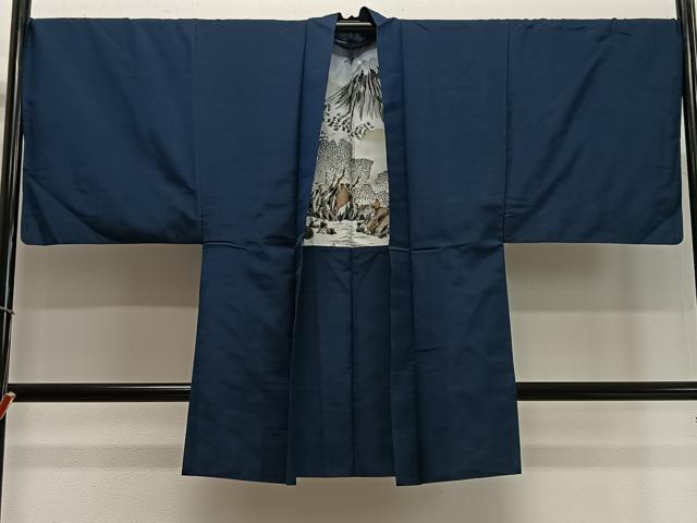 平和屋着物∞男性　長羽織　紬地　紺青色　正絹　逸品　CABD4560ua