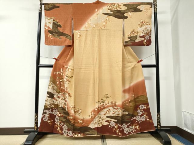 Full-Length Under-Kimono - 平和屋着物●訪問着　吉祥松梅花文　暈し染め　金彩　やまと誂製　正絹　逸品　CABE2623yc
