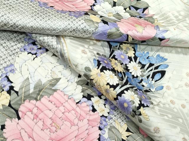 平和屋着物▽上質な小紋　単衣　立波草花文　金彩　正絹　逸品　未使用　CABF4437rv