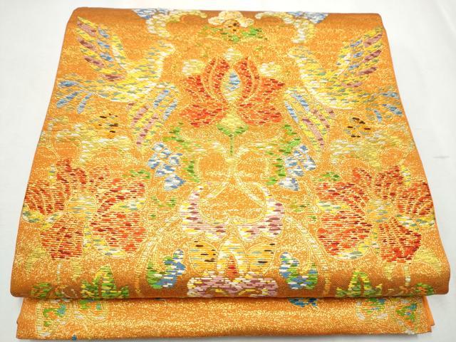 平和屋着物●六通柄 本袋帯 向かい鳥花文 金糸 正絹 逸品 CABB5697hy