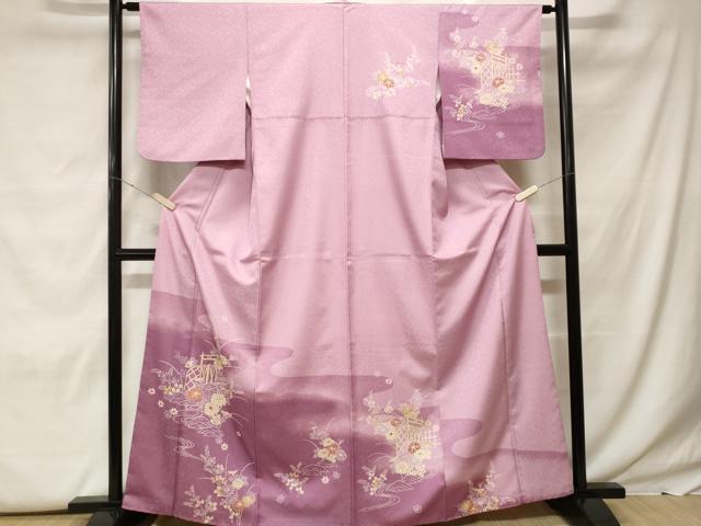 Full-Length Under-Kimono - 平和屋着物■訪問着　流水草花文　暈し染め　金彩　洗える着物　CABF9755ev