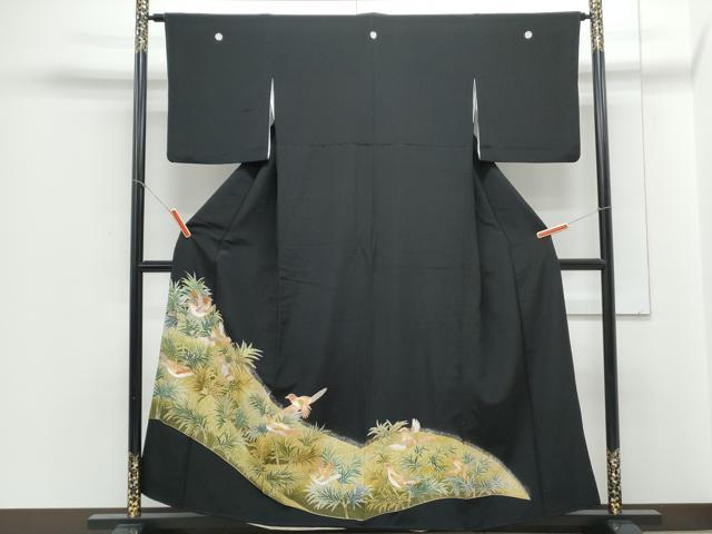 平和屋着物▼豪華黒留袖　刺繍　雀　草葉文　金彩　正絹　逸品　CABA8554th