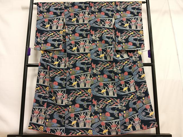 平和屋着物■上質な小紋 型染め 花鳥文 鬼しぼ縮緬 正絹 逸品 AABE0508oa