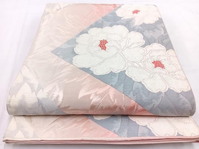 平和屋着物◎六通柄袋帯　唐織　牡丹　銀糸　正絹　逸品　BAAV7689yc
