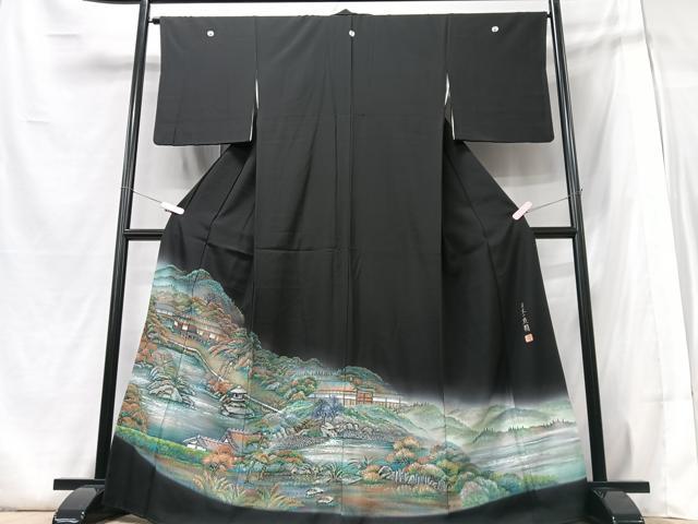 平和屋着物■豪華黒留袖 作家物 手描き 日本の庭園 風景文 暈し染め 金彩 正絹 逸品 未使用 CABB2844xe