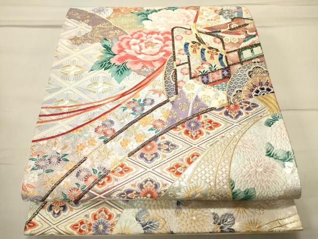 平和屋着物■六通柄袋帯　唐織　御所車几帳花文　金銀糸　正絹　逸品　CAAQ3353ak