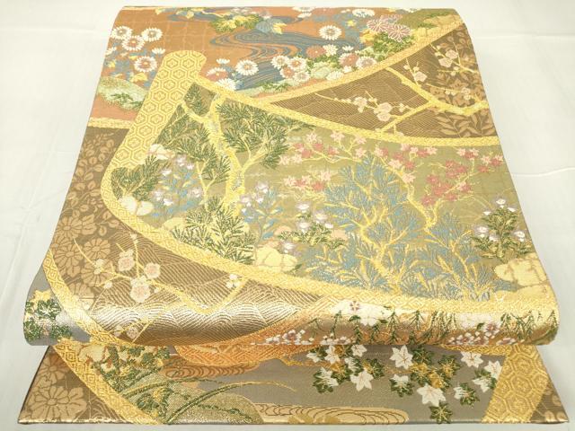 平和屋着物▼狩野光信　六通柄袋帯　吉祥花絵巻文　金糸　正絹　逸品　DABA4243az