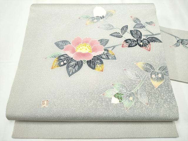 平和屋着物●人間国宝・羽田登喜男　九寸名古屋帯　枝椿　鬼しぼ縮緬　正絹　逸品　CABB0561hy