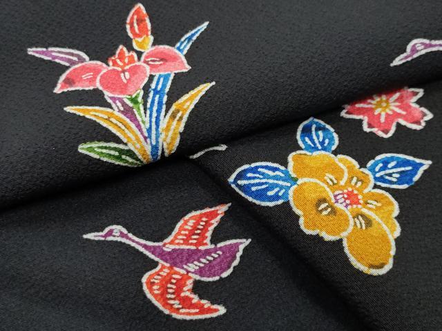 Kimono - 平和屋着物●上質な小紋　型染め　飛鶴松竹梅文　黒地　正絹　逸品　CABA9883gh