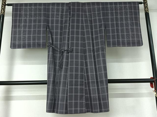 平和屋着物▽道中着　スリーシーズン　春夏秋　塵除け　格子　ロング丈　正絹　逸品　AABE6861jh