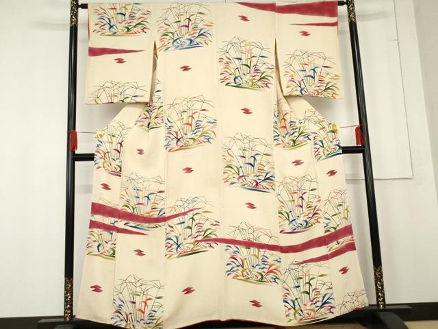 平和屋着物●型絵染の人間国宝　稲垣稔次郎　訪問着　枝葉文　鬼しぼ縮緬　正絹　逸品　AABE7084cs