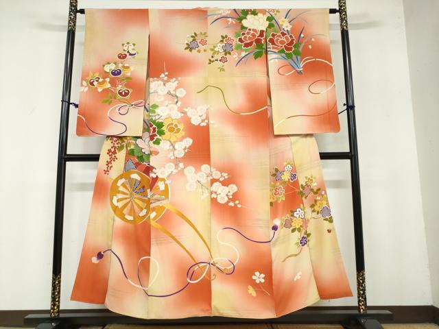 平和屋着物●アンティーク　大正ロマン　訪問着　駒刺繍　花車文　暈し染め　正絹　逸品　DAAZ7939ud
