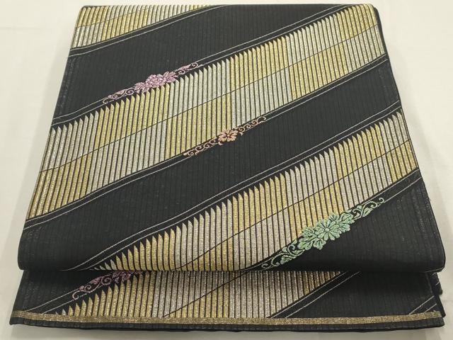 平和屋着物▼六通柄袋帯　斜め取り花文　黒地　金銀糸　正絹　逸品　AABD7797wj