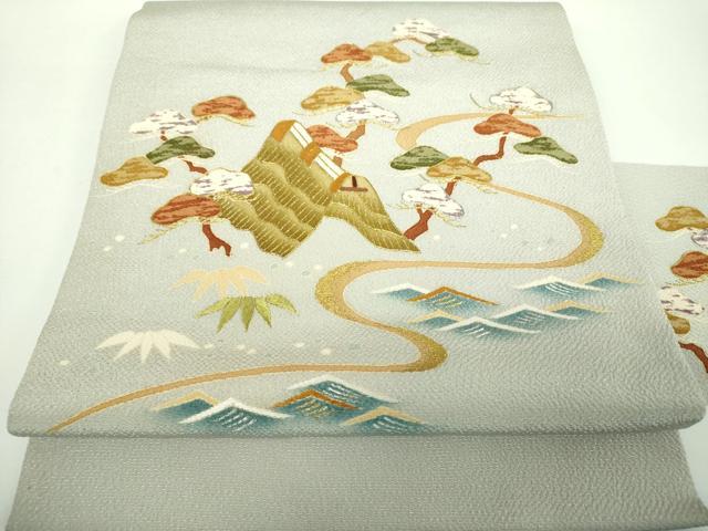 平和屋着物●創業130年　江戸染繍友禅　大彦　九寸名古屋帯　刺繍　流水風景文　鬼しぼ縮緬　金銀糸　正絹　逸品　DABB4693ps