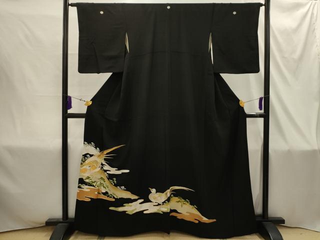 平和屋着物■豪華黒留袖 駒刺繍 鳥 浜松文 金彩 金銀糸 正絹 逸品 AABI4368sx