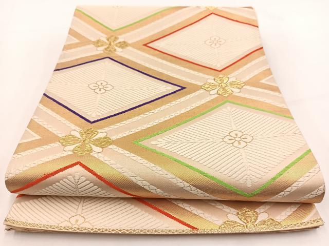 平和屋着物◎西陣　六通柄袋帯　唐織　菱天井松花文　金糸　証紙付き　正絹　逸品　BAAV7448yc