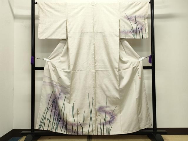 平和屋着物●訪問着　本場大島紬　白大島　作家物　手描き　流水草木文　暈し染め　正絹　逸品　CABB0020gh