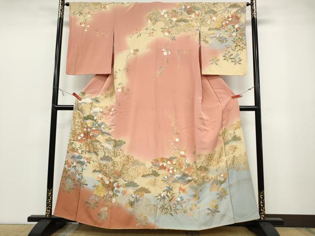 平和屋着物●訪問着　作家物　駒刺繍　地紙草花文　暈し染め　金彩　正絹　逸品　CABB6183ut