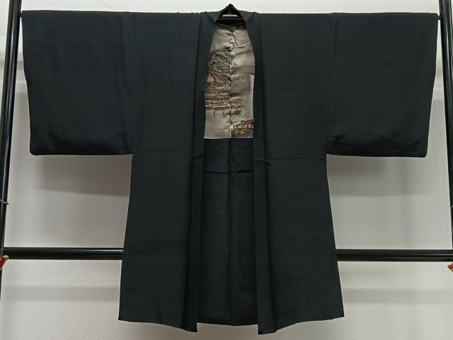 平和屋着物∞男性　長羽織　紬地　黒地　正絹　逸品　CABD4592ua