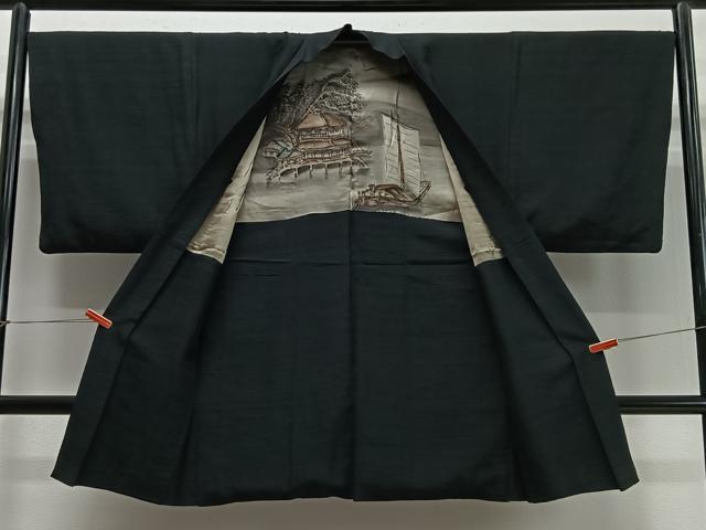 平和屋着物∞男性　長羽織　紬地　黒地　正絹　逸品　CABD4592ua