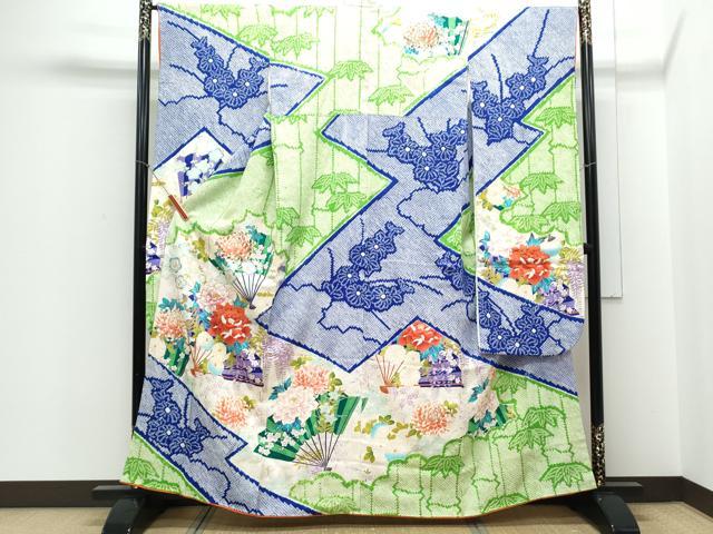 平和屋着物■豪華振袖　駒刺繍　絞り　扇面花文　金彩　正絹　逸品　CABE6799th