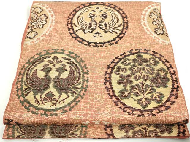 平和屋着物◎六通柄　本袋帯　向い鳥花丸文　金糸　正絹　逸品　DABA3073qa