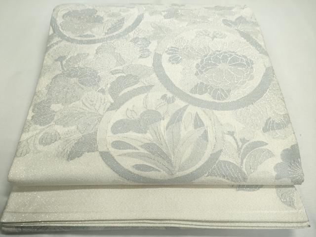 平和屋着物◎綴れ 太鼓柄袋帯 草花丸文 銀糸 正絹 逸品 DABC2812ud