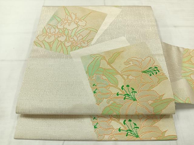 平和屋着物◎九寸名古屋帯 色紙花文 銀糸 正絹 逸品 AABC9129uk