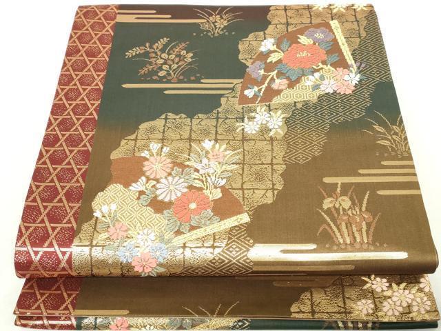 乐天商城 - 平和屋着物◎両面　六通柄袋帯　唐織　地紙花文　金糸　正絹　逸品　DAAZ8911qa