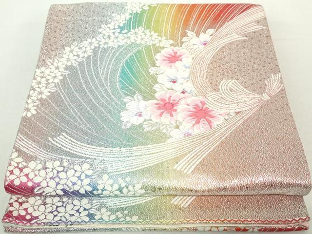 平和屋着物◎両面　六通柄袋帯　唐織　草花文　銀糸　正絹　逸品　DAAZ8925qa
