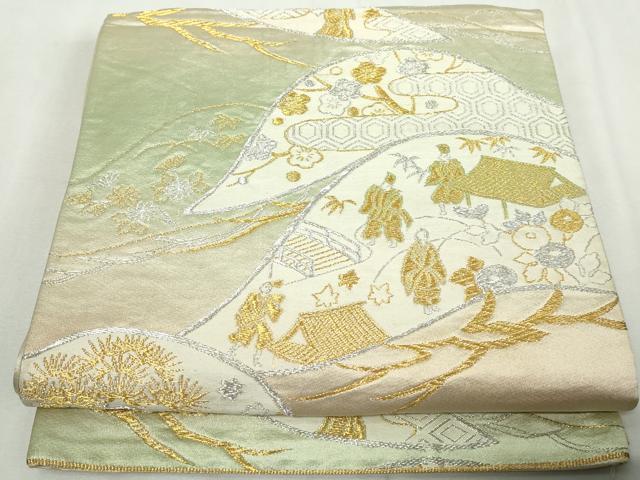 平和屋着物◎六通柄袋帯　風景人物文　松竹梅　金銀糸　正絹　逸品　DABA3052qa