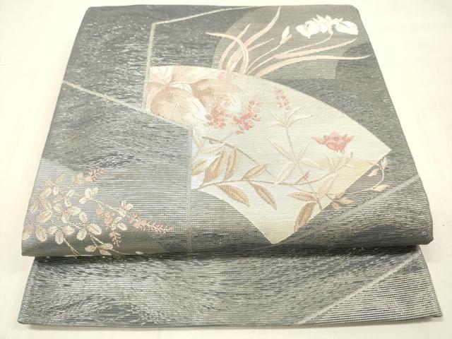 平和屋着物＊夏物 六通柄袋帯 地紙草花文 銀糸 正絹 逸品 DABC8438cm