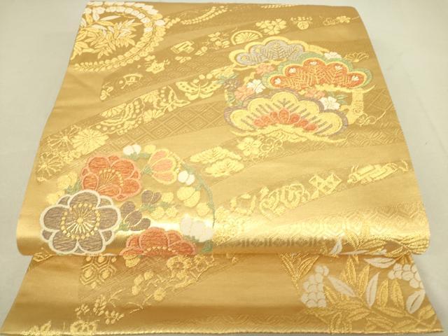 平和屋着物▼六通柄袋帯　花松文　金糸　正絹　逸品　DAAV5494az