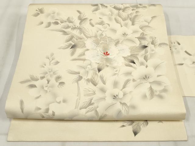 平和屋着物◎九寸名古屋帯 手描き 刺繍 草花文 正絹 逸品 AABH1286wj