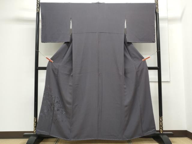 平和屋着物▼色留訪問着　総刺繍　舞花文　濃鼠色　正絹　逸品　CABA8501th