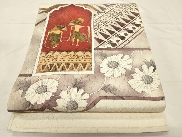 平和屋着物▼太鼓柄袋帯　作家物　ふくれ織　動物更紗花文　正絹　逸品　CABA9076dy