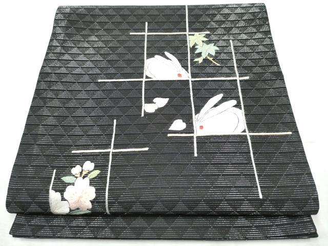 平和屋着物●太鼓柄袋帯 総刺繍 兎 舞桜文 黒地 舞桜文 黒地 金銀糸 正絹 逸品 CABB5979hy