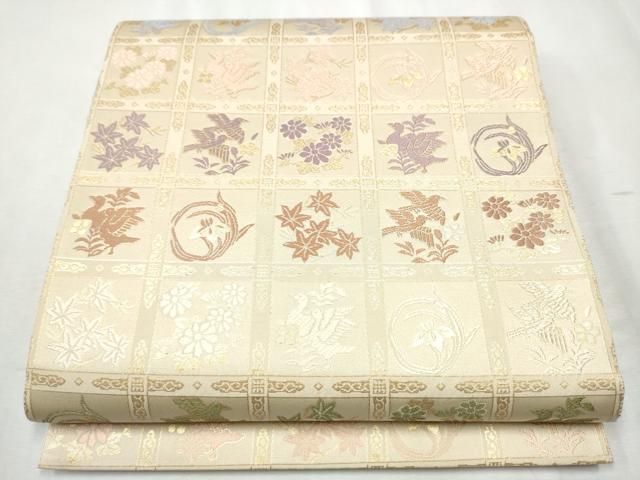 平和屋着物●六通柄袋帯　唐織　新小石丸　市松花鳥文　金糸　正絹　逸品　CABB5992hy