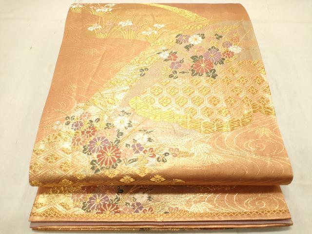 平和屋着物◎六通柄袋帯　雲取り吉祥花文　金糸　正絹　逸品　DABB9452ya