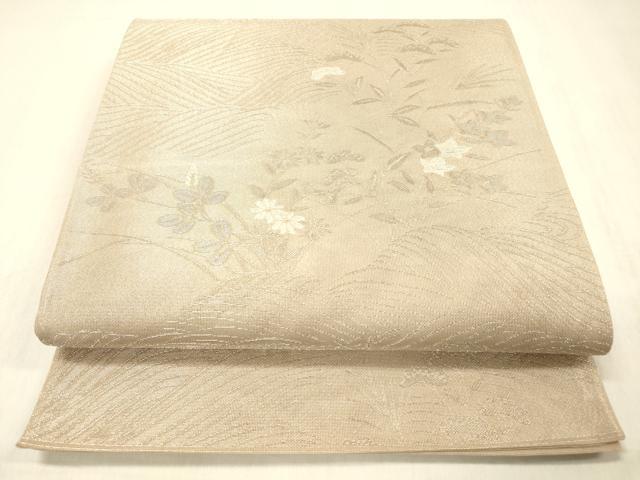 平和屋着物＊夏物　六通柄袋帯　流水草花文　銀糸　正絹　逸品　DABC8447cm