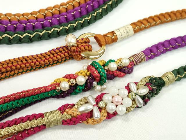 Rakuten - 平和屋着物▼和装小物　帯締め3本セット　振袖用　飾り付き　パール　花　緑青色　紫　黄茶色　金糸　逸品　CABD8669ju
