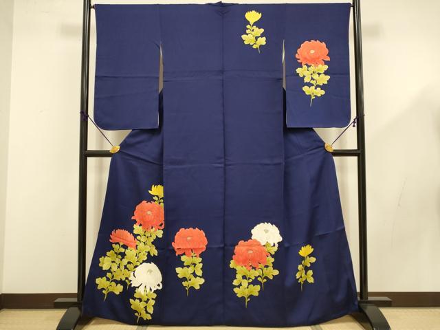 訪問着 染大島 菊の花模様 水銀色 K-5695 御山杉染め/訪問着（菊） | すかや呉服店