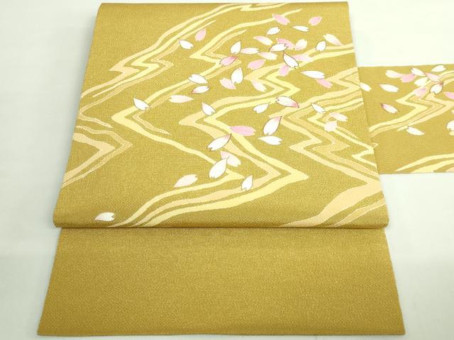 平和屋着物●極上　九寸名古屋帯　駒刺繍　舞桜　芥子色地　金彩　鬼しぼ縮緬　ゑり善扱い　逸品　DZAB2089kh6