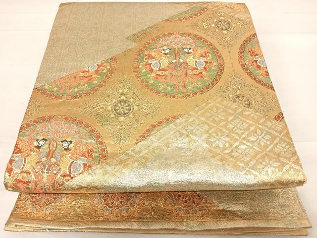 平和屋着物◎六通柄袋帯　唐織　松皮狩鞍文　燿金　金銀糸　正絹　逸品　AABD7171yx