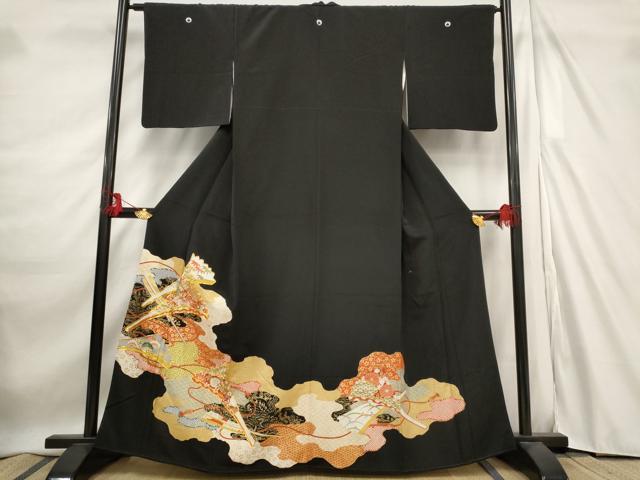 平和屋着物■豪華黒留袖 駒刺繍 吉祥扇面花文 金彩 正絹 逸品 AABE1475st