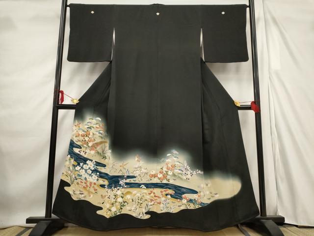 平和屋着物■豪華黒留袖　流水花鳥文　暈し染め　正絹　逸品　AABE1507st