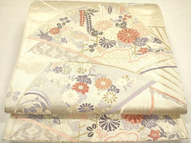 平和屋着物◎六通柄袋帯　唐織　扇面花文　金糸　正絹　逸品　DABA6171op