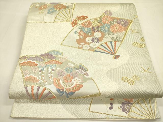平和屋着物◎六通柄袋帯　唐織　扇面花文　金糸　正絹　逸品　DABA6200op