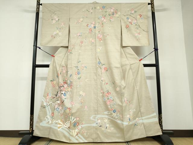 Rakuten - 平和屋着物●訪問着　白山紬　友禅　御所車扇面草花文　正絹　逸品　DABB0464ud