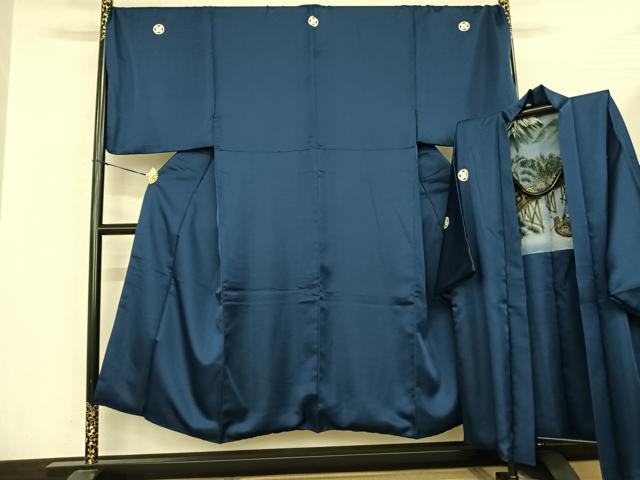 平和屋着物●男性　色紋付・羽織セット　菱地紋　青藍色　キングサイズ　洗える着物　AABF0699fy
